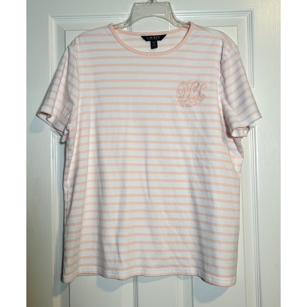Lauren Ralph Lauren Striped‎ Monogram T-Shirt Women's 2X Pink White Cotton Blend